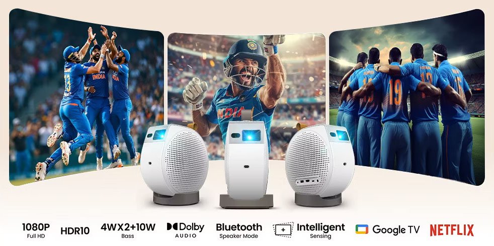 BenQ portable projectors displaying cricket highlights on curved screens