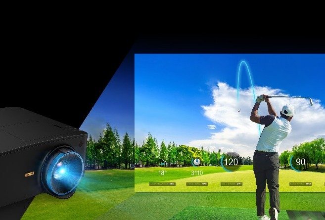 BenQ golf simulator projector displaying a golfer mid-swing on a virtual course