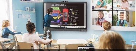 Classroom using a BenQ interactive display with students on a video call